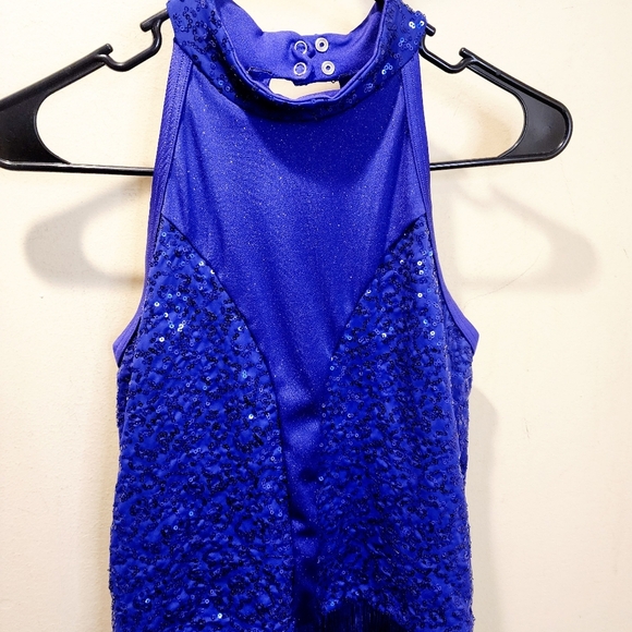 WEISSMAN Vibrant Blue Sequin Halter Romper Dance Wear with Fringe Size LA - Picture 10 of 12